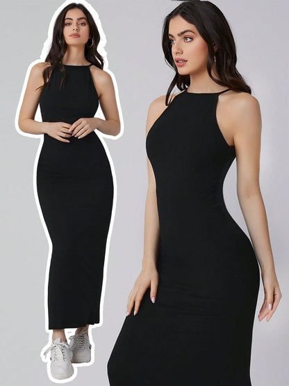 Women Black Solid Halter Neck Bodycon Midi Dress