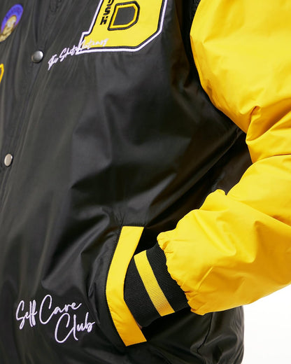 Men's Color Block Black Stand Collar Neck Long Sleeve Oversized Fit Varsity Jacket