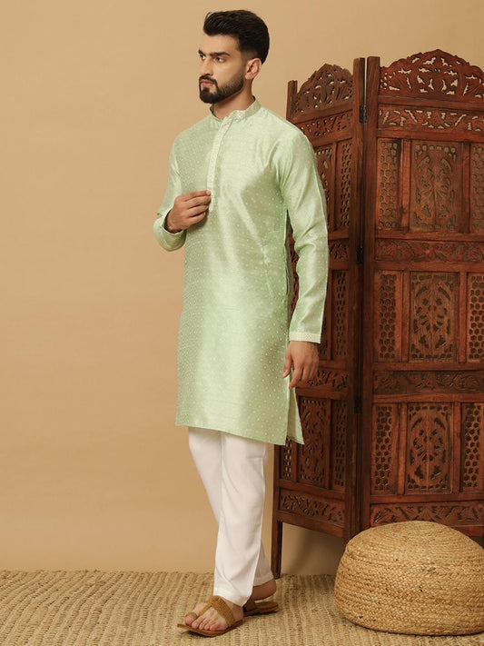 Men's Jacquard Light Green Solid Kurta Pyjama Set