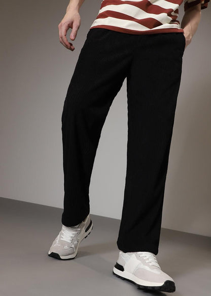 Men’s Black Corduroy Casual Trousers – Solid Ribbed Pants for Streetwear & Everyday Comfort
