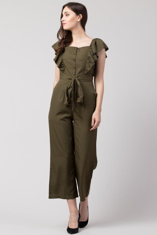 Women’s Olive Green Solid Polyester Jumpsuit with Waist Belt & Cape Sleeves – Casual Wear
