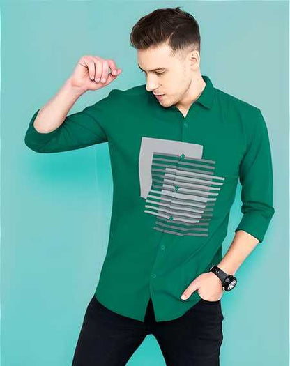 Men’s Green Cotton Printed Casual Shirt – Full Sleeves, Regular Fit, Stylish Daily & Casual Wear Shirt