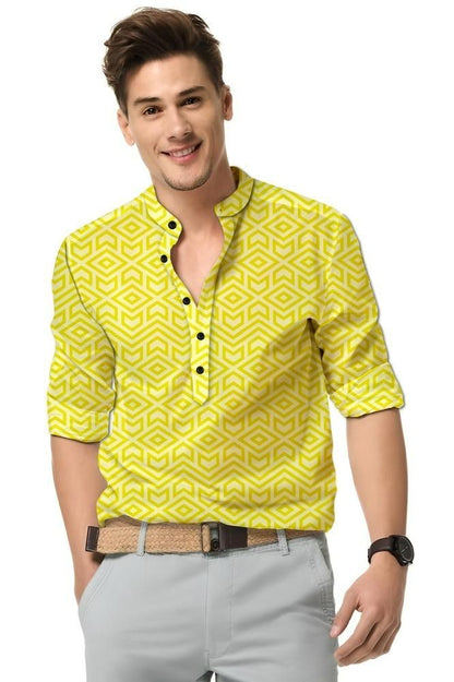 Men’s Yellow Printed Cotton Casual Shirt – Spread Collar Full Sleeve Festive & Daily Wear