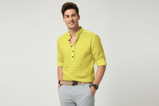 Men’s Yellow Printed Cotton Casual Shirt – Spread Collar Full Sleeve Festive & Daily Wear