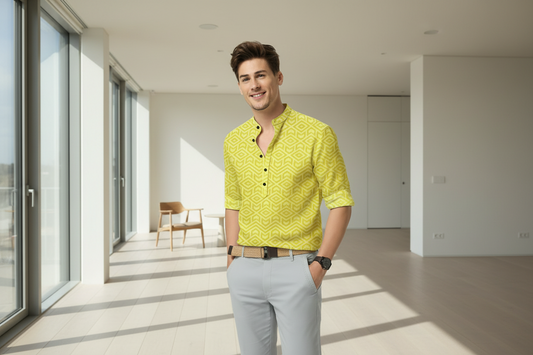 Men’s Yellow Printed Cotton Casual Shirt – Spread Collar Full Sleeve Festive & Daily Wear