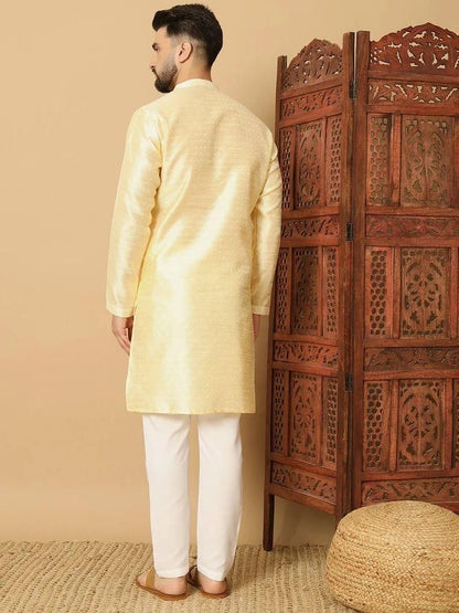 Men's Jacquard Yellow Solid Kurta Pyjama Set