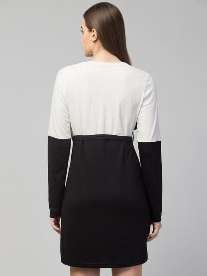 Women’s Cotton Black & White Graphic Print Full Sleeve Short T-Shirt Dress – Casual Streetwear