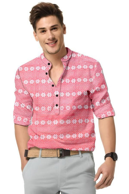 Men’s Pink Printed Cotton Casual Shirt – Mandarin Spread Collar Full Sleeve Festive & Daily Wear