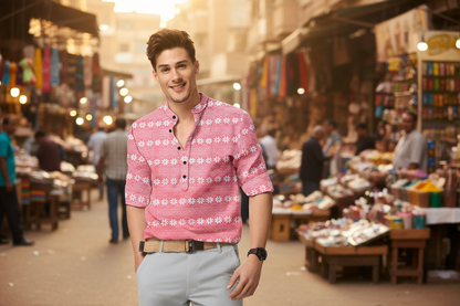 Men’s Pink Printed Cotton Casual Shirt – Mandarin Spread Collar Full Sleeve Festive & Daily Wear