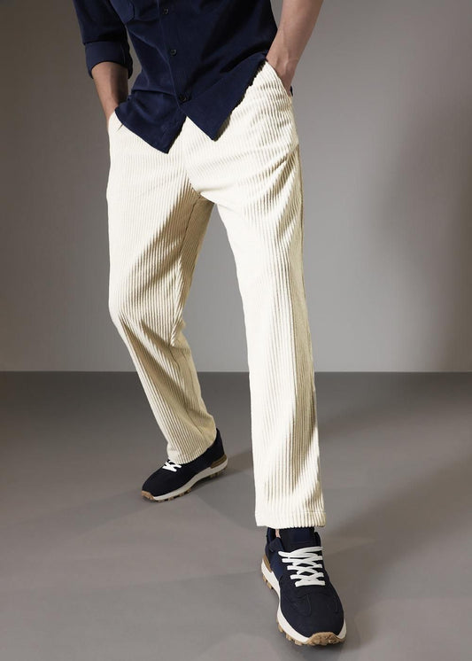 Men’s Light Khaki Corduroy Casual Trousers – Solid Ribbed Pants for Streetwear & Everyday Wear