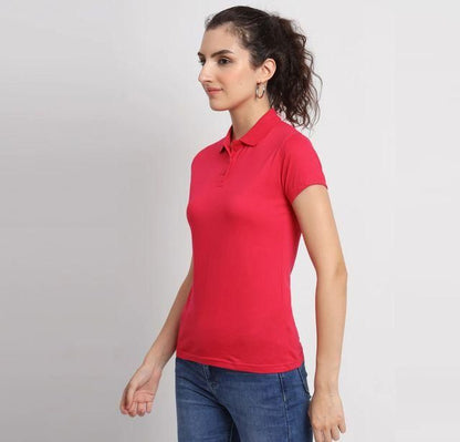 Women Ketex Red Cotton Blend Polo Neck T-Shirt