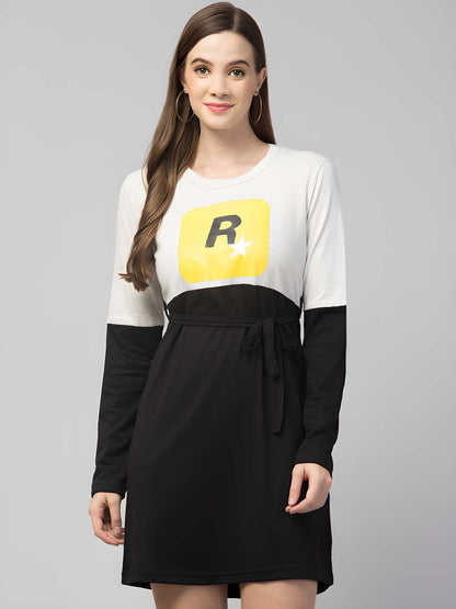 Women’s Cotton Black & White Graphic Print Full Sleeve Short T-Shirt Dress – Casual Streetwear