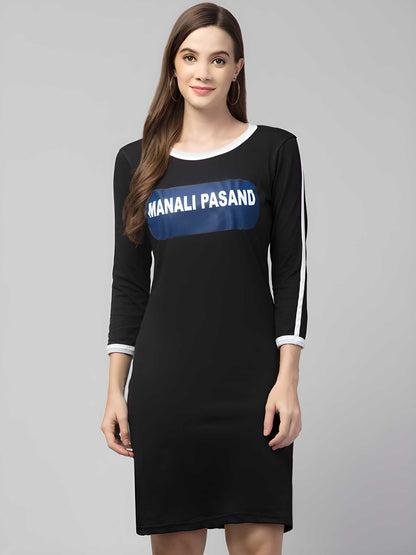 Women's Cotton Black Graphic Print Short Sleeves T-Shirt Dress