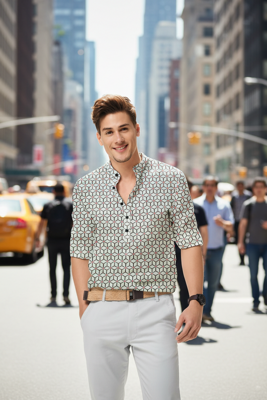 Men’s Multicolor Printed Cotton Casual Shirt – Full Sleeves, Mandarin Spread Collar, Festive & Daily Wear