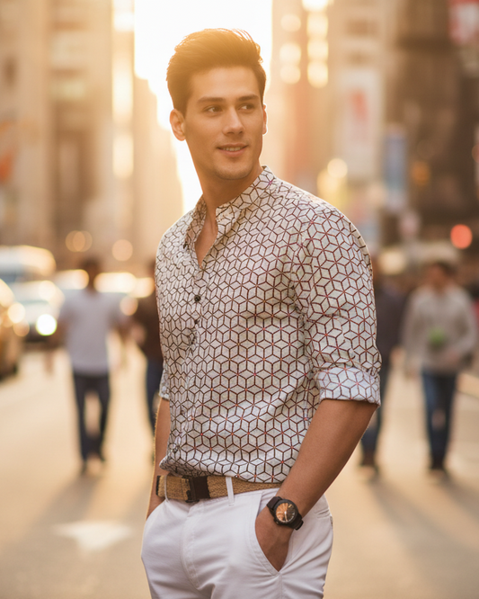 Men’s Multicolor Printed Cotton Casual Shirt – Full Sleeves, Mandarin Spread Collar, Festive & Daily Wear