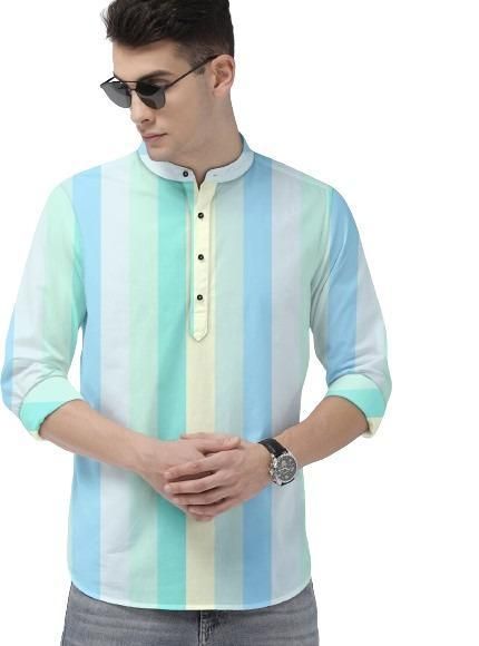 Men’s Multicolor Cotton Color Block Shirt – Full Sleeves, Mandarin Spread Collar, Casual & Festive Wear