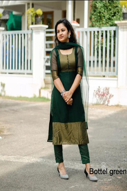 Premium Jacquard Chiffon Bottle Green Kurti Pant Dupatta Set