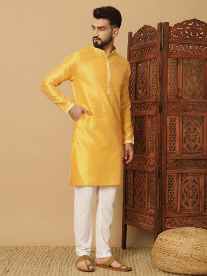 Men's Jacquard Yellow Solid Kurta Pyjama Set