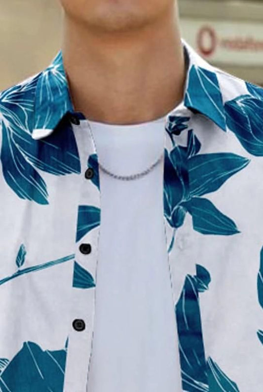 Men’s White & Blue Cotton Printed Casual Shirt – Half Sleeves, Regular Collar, Stylish Daily Wear