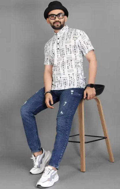 Men’s White & Black Cotton Printed Casual Shirt – Half Sleeves, Spread Collar, Stylish Daily Wear Shirt