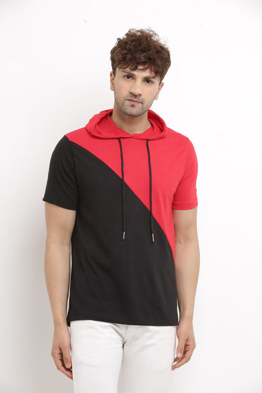 Men’s Red & Black Cotton Colourblocked Hooded T-Shirt – Casual Streetwear Essential