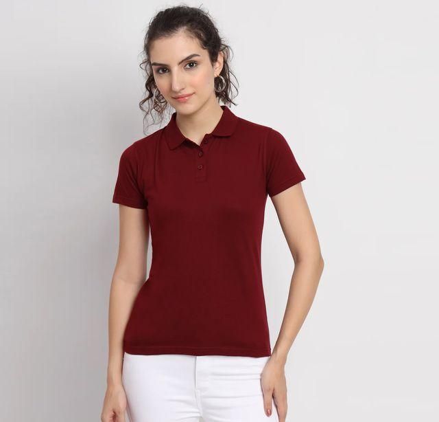 Women’s Maroon Cotton Blend Polo Neck T-Shirt – Casual Half Sleeve Tee for Smart Everyday Comfort