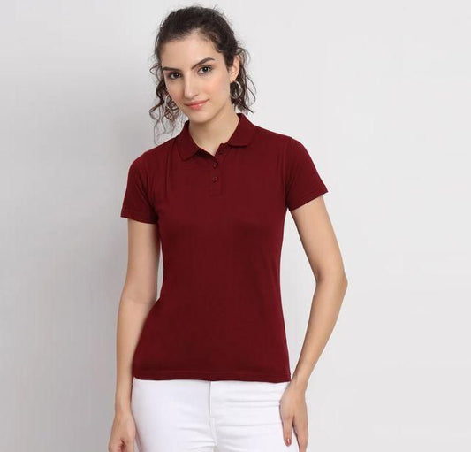Women’s Maroon Cotton Blend Polo Neck T-Shirt – Casual Half Sleeve Tee for Smart Everyday Comfort