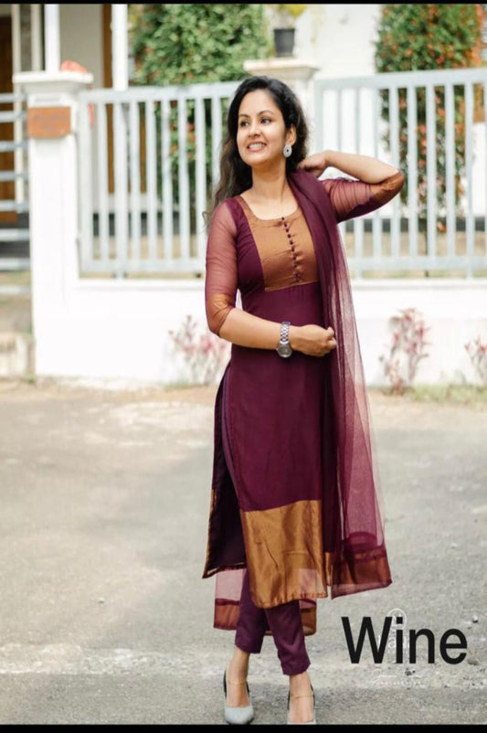 Premium Jacquard Chiffon Wine Kurti Pant Dupatta Set