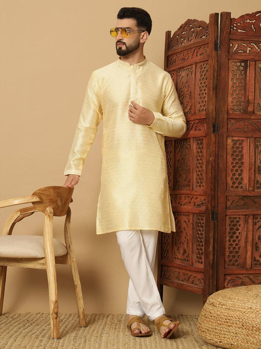 Men's Jacquard Yellow Solid Kurta Pyjama Set