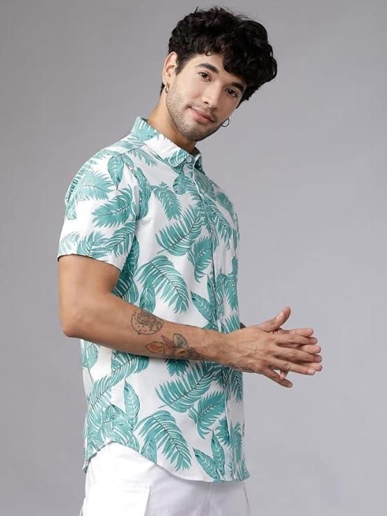 Men’s White & Light Green Cotton Printed Casual Shirt – Half Sleeves, Regular Collar, Stylish Daily Wear Shirt