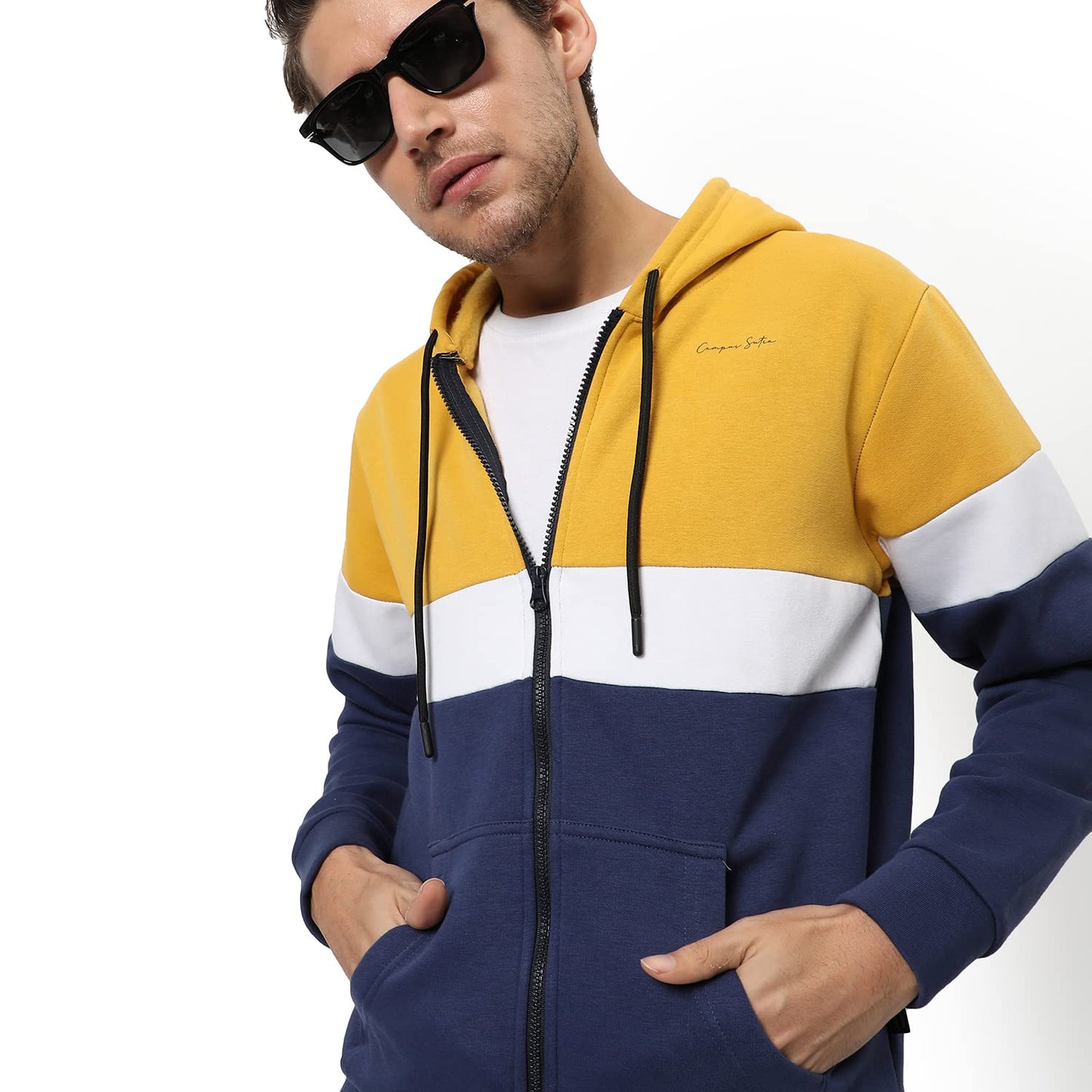 Men's Yellow & Blue Colour Blocked Regular Fit Full Zipper Sweatshirt with Hoodie for Winter Wear | Full Sleeve | Cotton Sweatshirt | Casual Sweatshirt for Men | Stylish Sweatshirt for Man