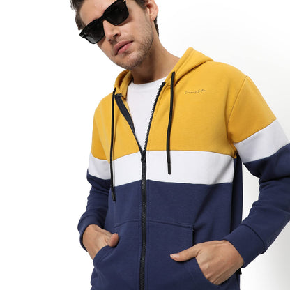 Men's Yellow & Blue Colour Blocked Regular Fit Full Zipper Sweatshirt with Hoodie for Winter Wear | Full Sleeve | Cotton Sweatshirt | Casual Sweatshirt for Men | Stylish Sweatshirt for Man