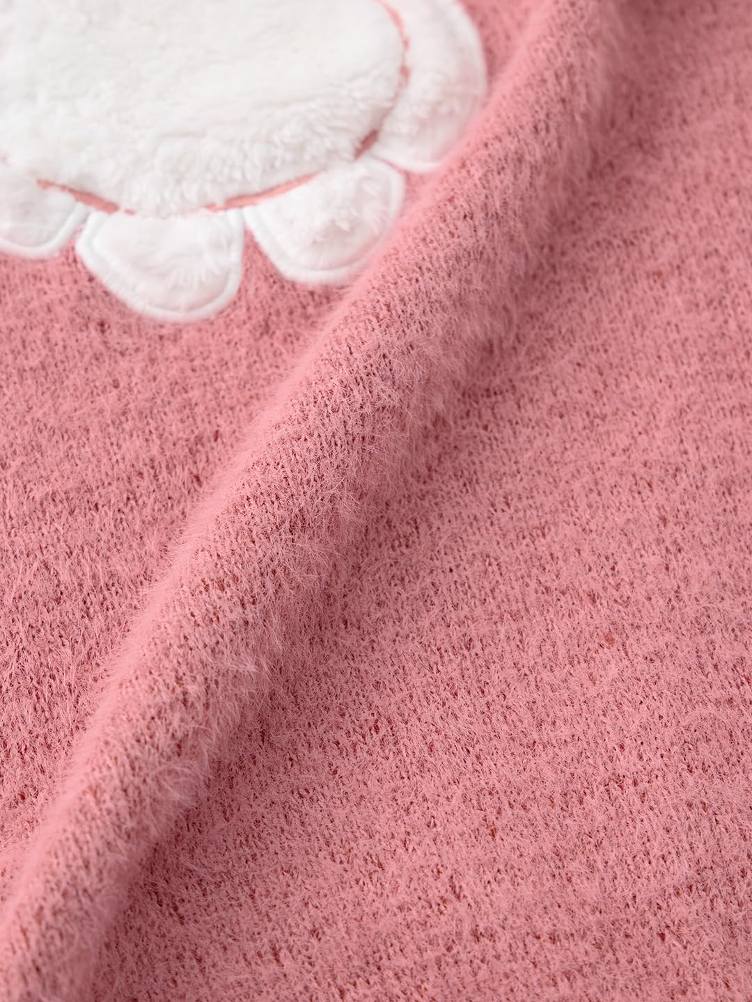 Women Full Sleeves Round Neck Light Pink Graphic Printed Acrylic Nylon Oversized Fit Fuzzy Casual Winter Pullover Sweater