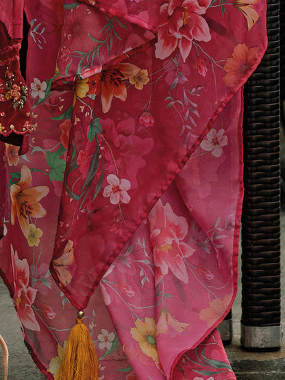 INDO ERA Women's Red Embroidered Silk Blend A-Line Kurta Trouser with Dupatta Set (Ieout7377_Xx-Large, Regular Fit)