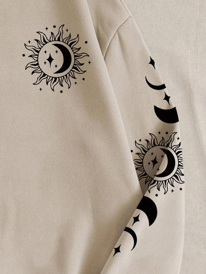 Women's Comfort Fit Sun & Moon Print Beige Sweatshirt - Stylish Casual Winter Wear