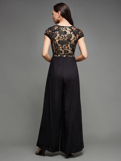 Miss Chase Women's Sweetheart Neck Raglan Sleeve Floral Lace Overlaid Viscose-Rayon Regular Length Jumpsuit (MCSS23D15-69-62-04, Black)