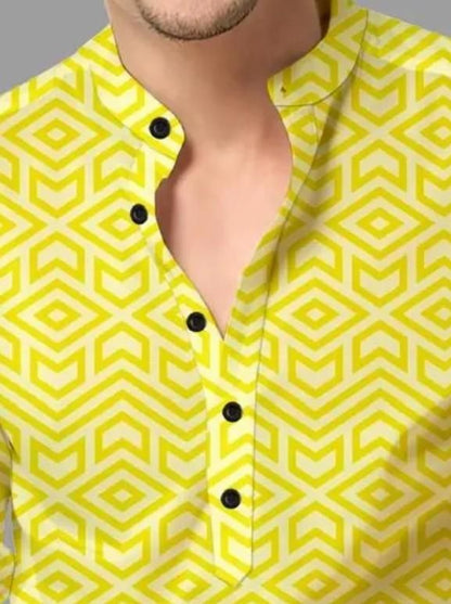 Men’s Yellow Printed Cotton Casual Shirt – Spread Collar Full Sleeve Festive & Daily Wear