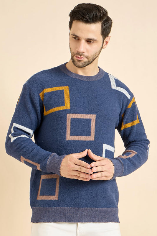 Men's Round Neck Full Sleeve Woolen Knitted Pullover Printed Blue Sweaters - Stylish Casual Urban City Winter Wear