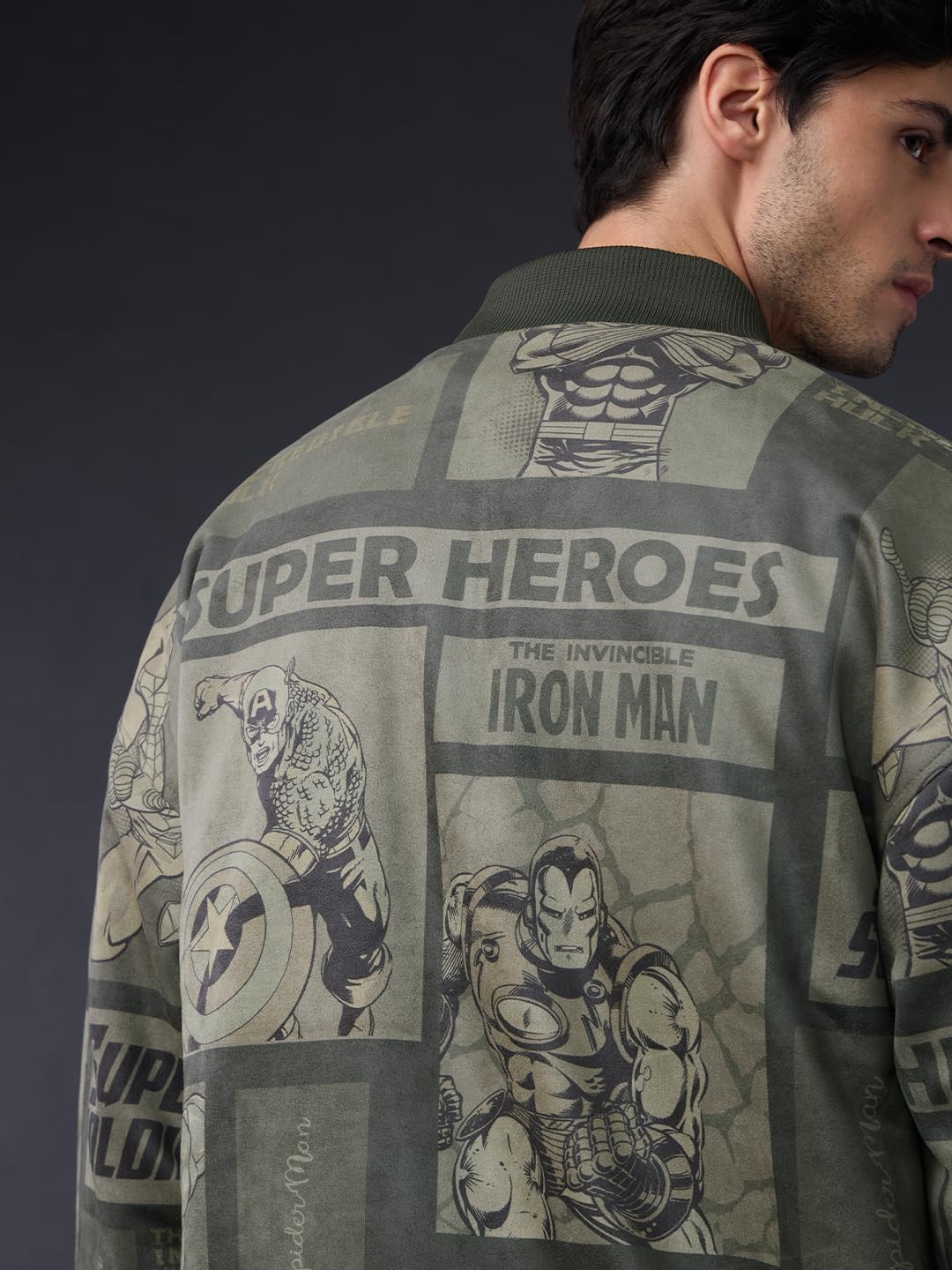 Men's Marvel Heroes Full Sleeves Round Neck Dark Green Graphic Printed Polyester Regular Fit Lightweight Reversible Bomber Jacket