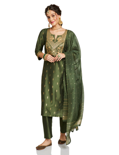 Myx Women's Embroidered Green Kurta Set with Designer Jacquard Dupatta