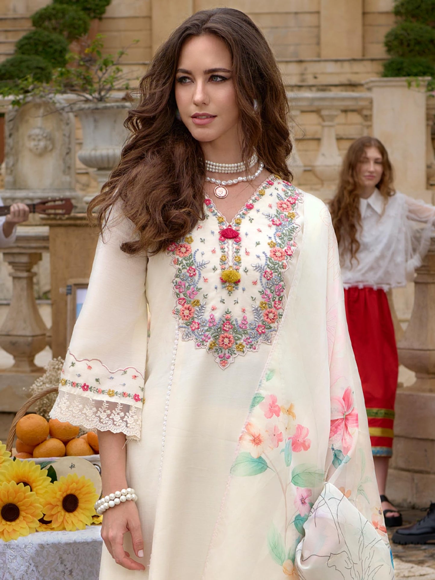 INDO ERA Women's Off White Silk Blend Embroidered A-Line Kurta and Pant with Dupatta Set (IEOUT6682_XX-Large)
