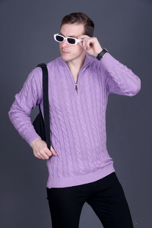 Men's Polo Neck Full Sleeve Half Zipper Woolen Knitted Pullover Lavender Sweater - Elegant Stylish Bright Winter Wear