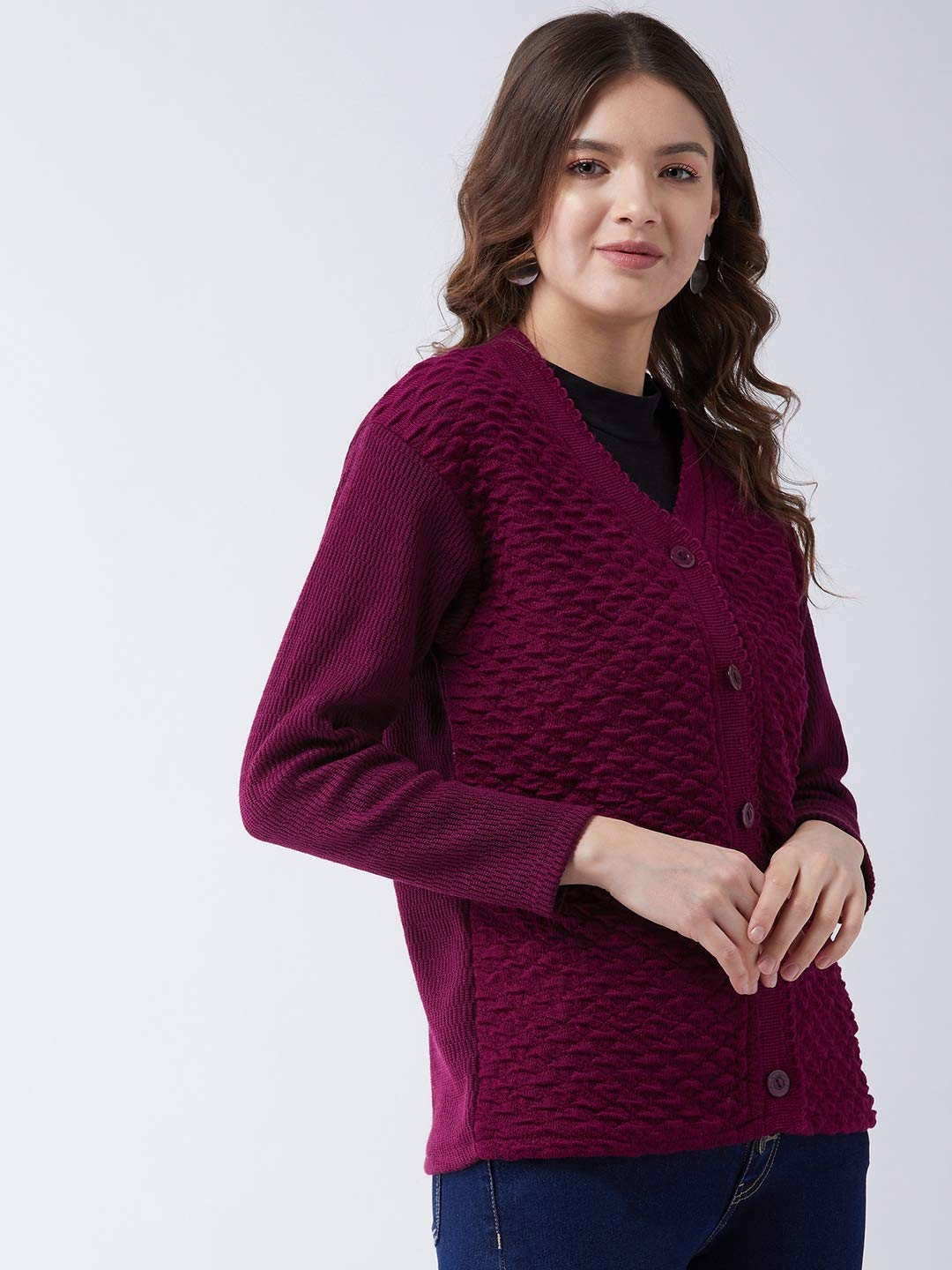 Women's Self Design V Neck Casual Winter Sweater Cardigan