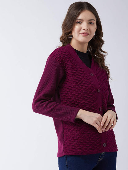 Women's Self Design V Neck Casual Winter Sweater Cardigan