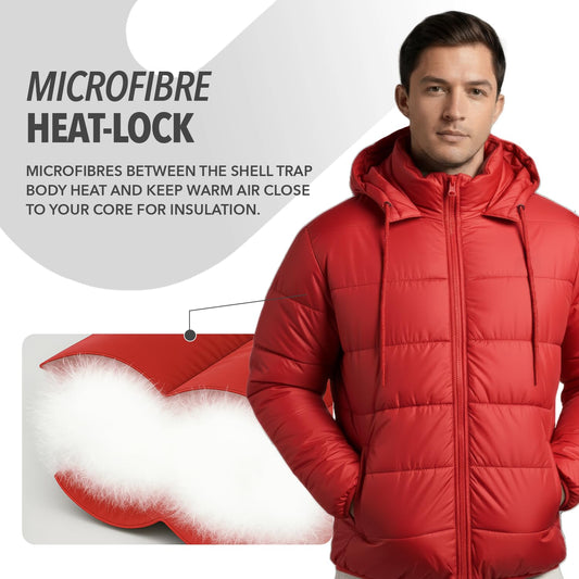 Men's Red Quilted Hooded Winter Puffer Jacket - Full Sleeve Mens Monsoon Jackets | All Weather Jacket | Winter Wear Bomber Jerkin