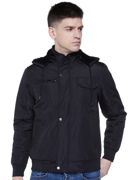 Men's Regular Fit Polyester Bomber Black Jacket with Inner Fur - Stylish Casual Hooded Winter Jacket