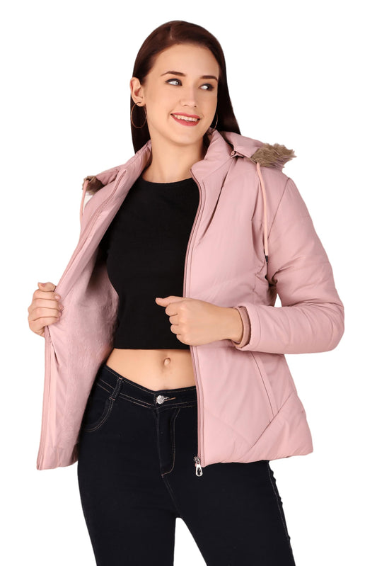 Women’s Peach Hooded Puffer Bomber Jacket | Regular Fit, Insulated Winter Casual Wear