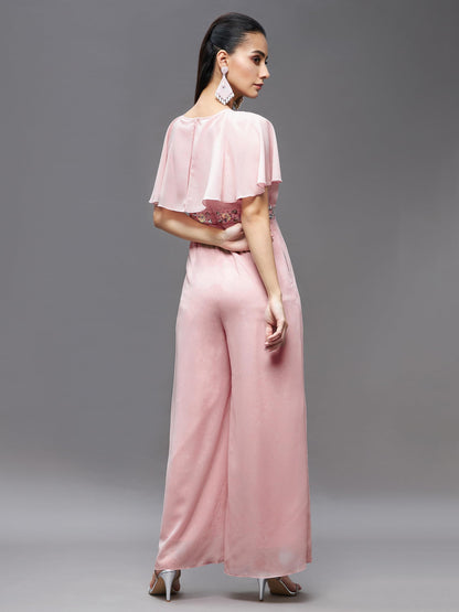 Miss Chase Women's Georgette V-Neck Cape Solid Layered Regular Jumpsuit (MCSS23D15-61-157-04, Light Pink)