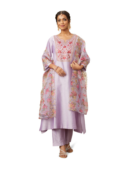 Amazon Brand - Myx Women's Kurta Pant Set with Embroidered Organza Dupatta | Viscose,Rayon | A-line fit (AW24-MYX-SKD-VN-06_Lilac_L)