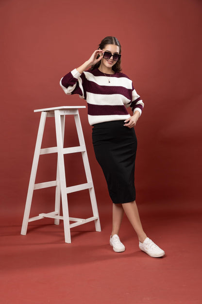 Women's 100% Wool Color Block Stripe Full Sleeve Round Neck Pullover Sweater for Winter Season